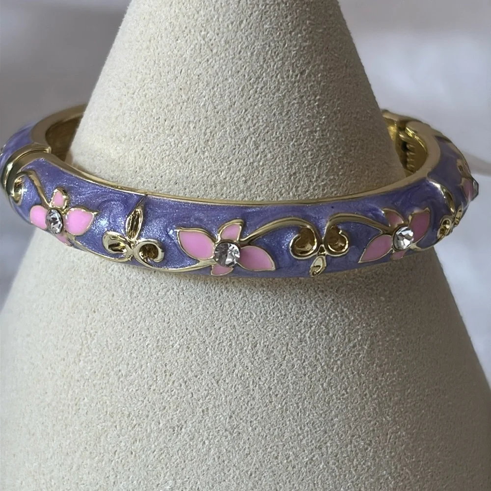 NEW Flower AAA CZ Enamel Girls Hinge Bangle Bracelet 18k Gold Filled